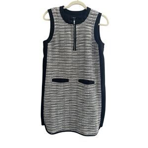 Madewell 4 Black Ivory Tweed Contrast Panel Shift Dress Slimming Front Zip #7097